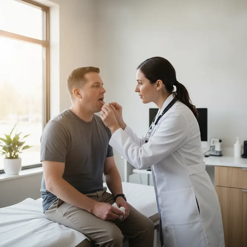 Patient with a sore throat being examined by a physician at FirstCare Urgent Care in Oak Lawn, IL