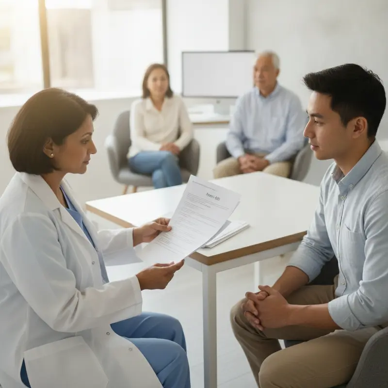 Civil surgeon reviewing Form I-693 paperwork with an immigration exam applicant at FirstCare Urgent Care in Oak Lawn, IL